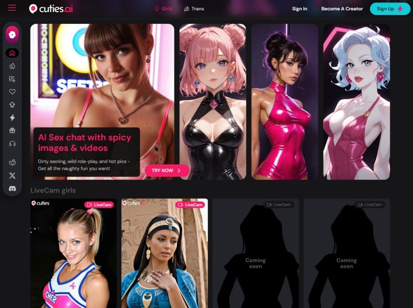 Home page of cuties AI where you can create your AI sex partner